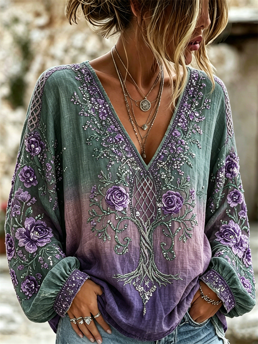 Camisa de lino de algodón degradado con estampado celta Viking Tree of Life de mujer