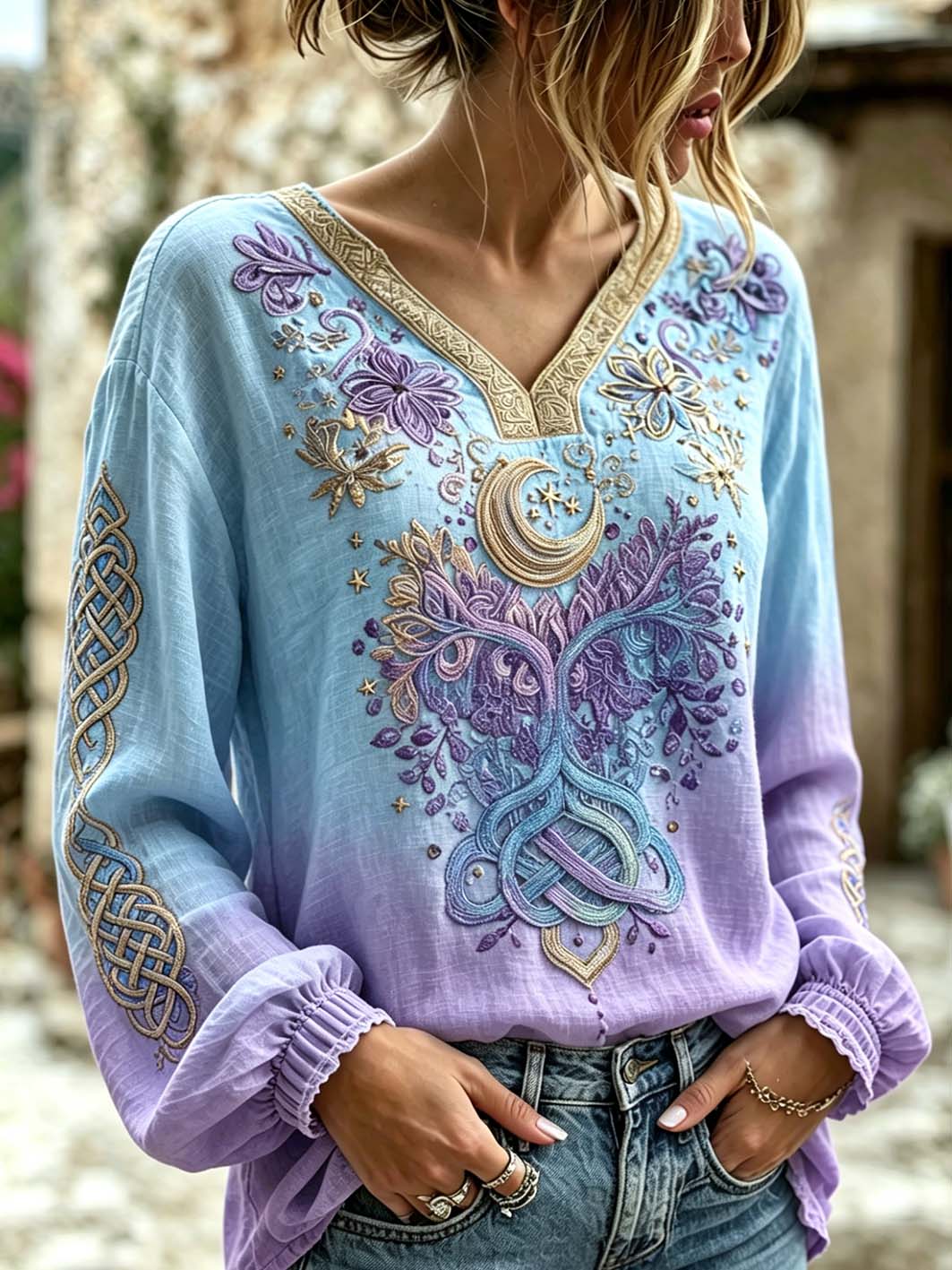 Mujeres retro Viking nórdico mitología patrón impreso casual camisa de lino