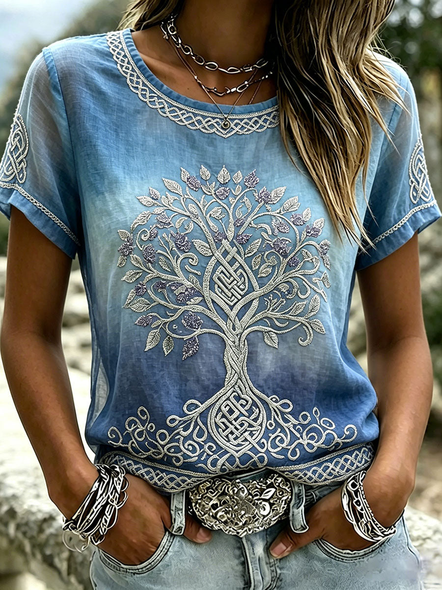 Viking Celtic Tree Of Life Print Gradient Linen Camiseta de manga corta para mujer