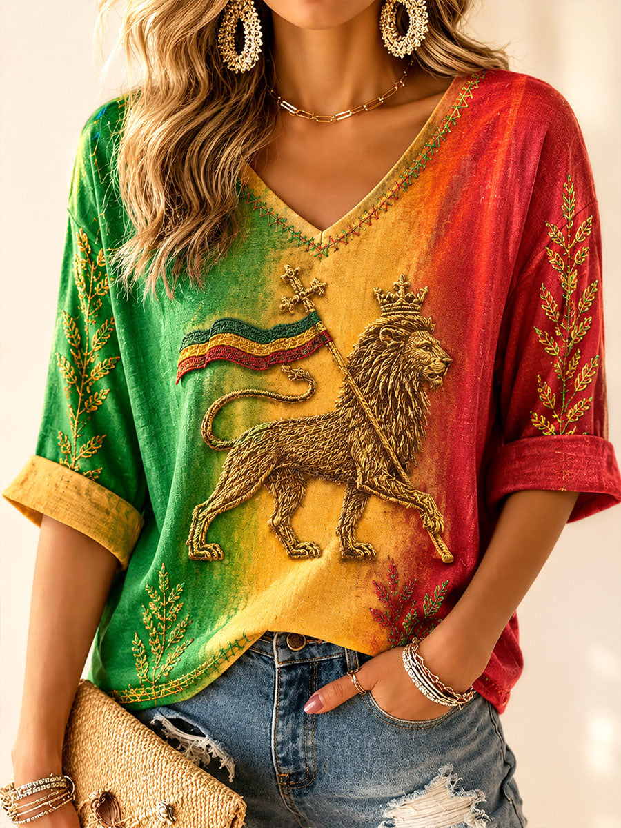 Camiseta casual con estampado de reggae para mujer