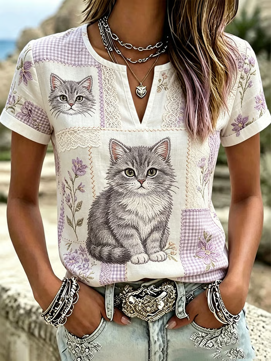 Mujer Bonitos Gato Estampado Algodón Lino Camisa