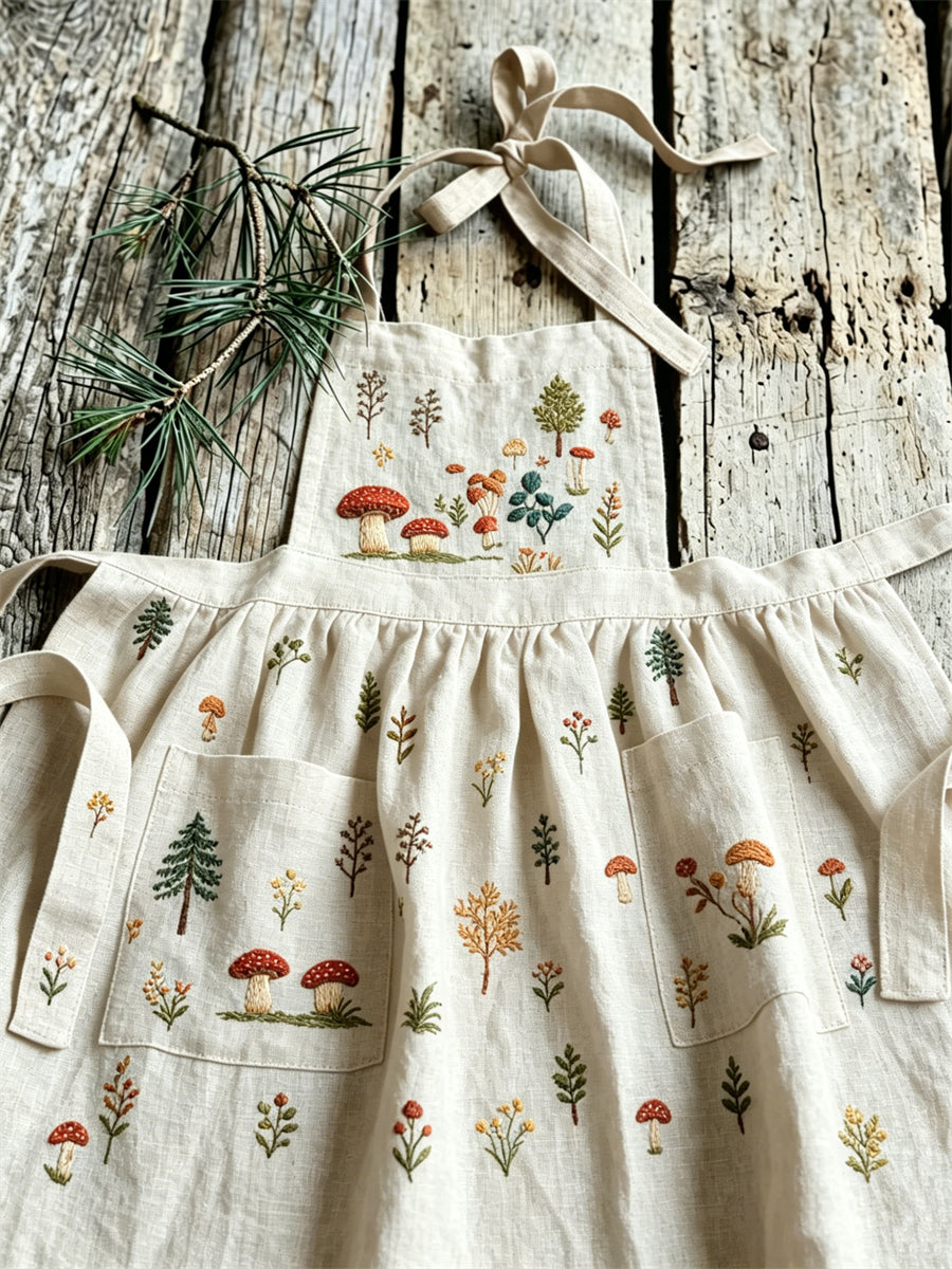 Patrón de plantas de setas forestales de las mujeres Vestido de lino maxi de lino plisado vintage