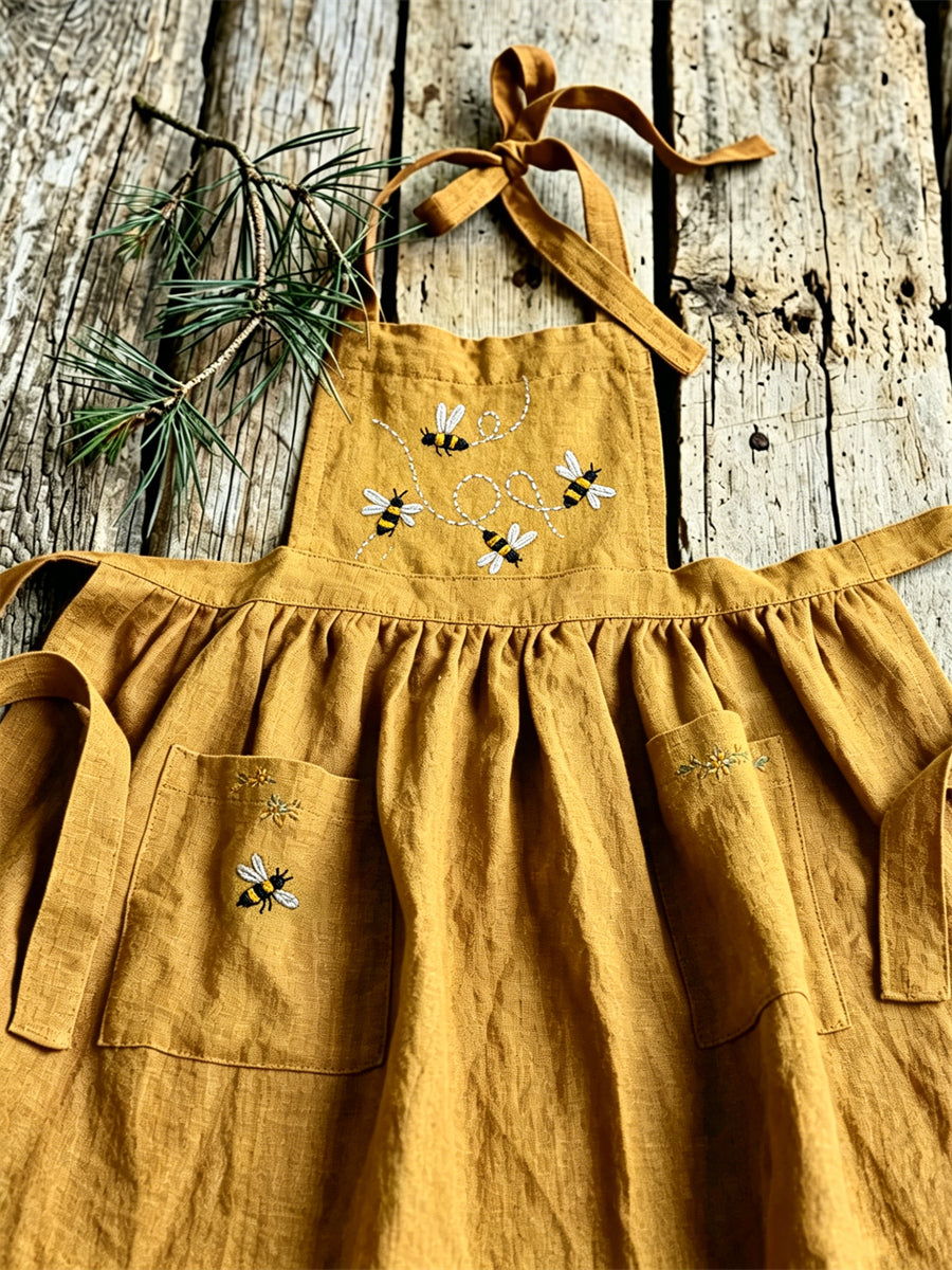 Vintage Flying Bees Floral Print Patch Bolsillos Plisado Maxi Vestido de Mujer