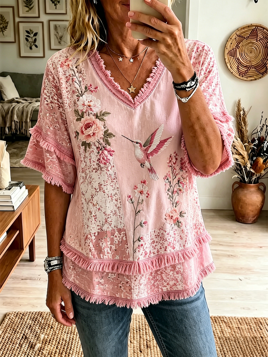 Camisa de algodón-lino para mujer con estampado floral botánico en rosa