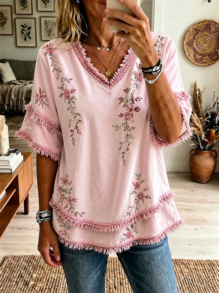 Camisa de algodón-lino para mujer con estampado floral botánico en rosa