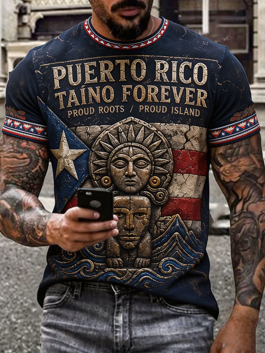Camiseta estampada con arte taíno, orgullo puertorriqueño masculino