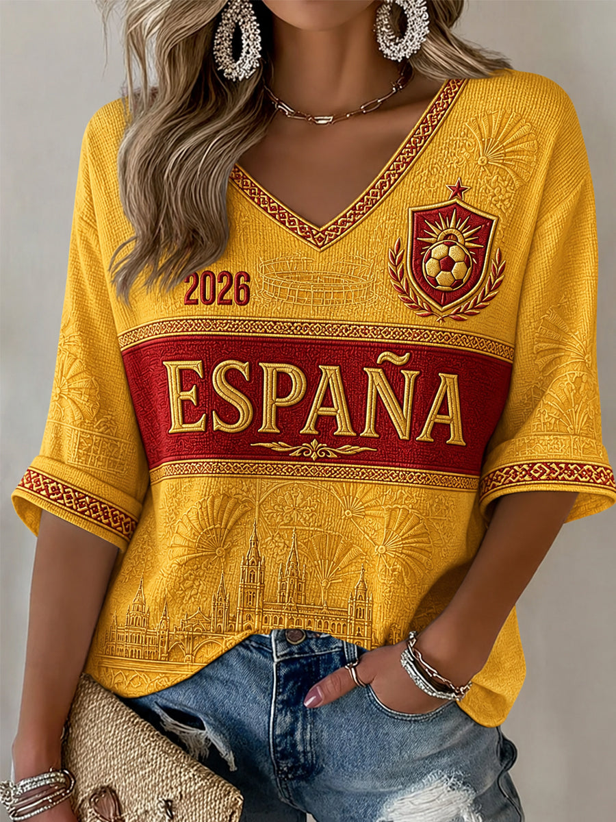 Regalo para mujeres aficionadas al fútbol: camiseta informal de media manga con cuello en V y estampado