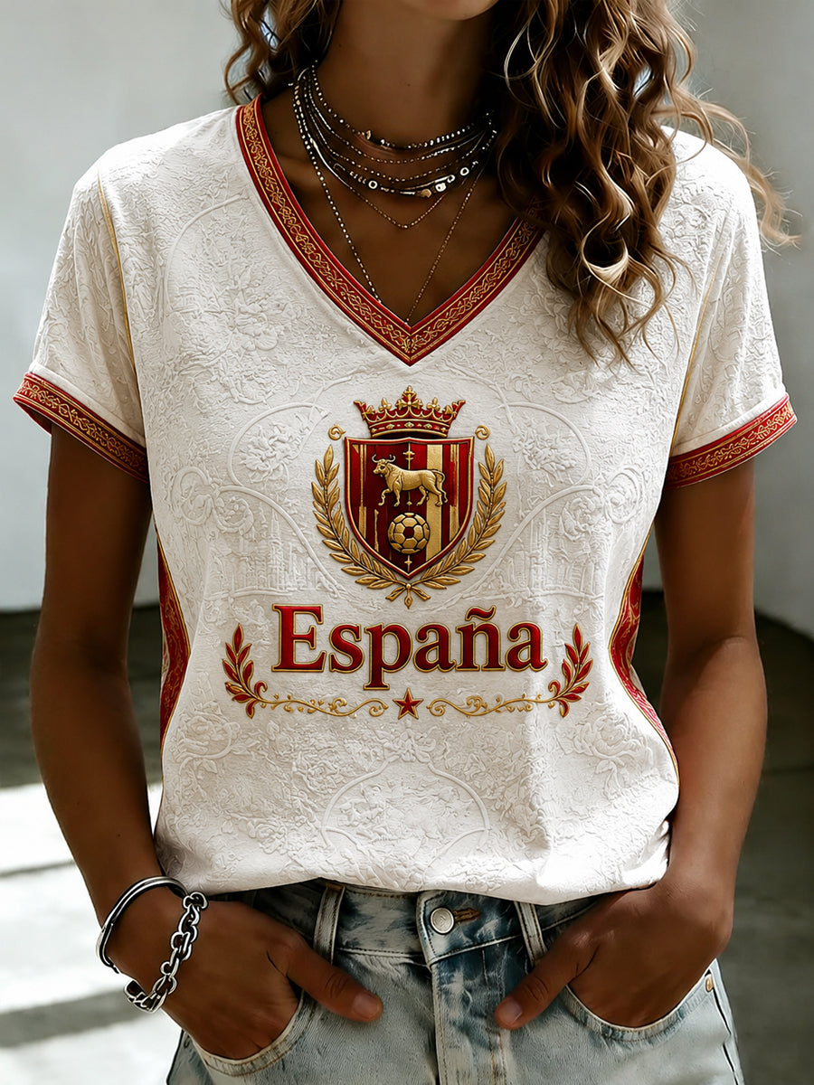 Camiseta de fútbol femenino en español con cuello en V y estampado