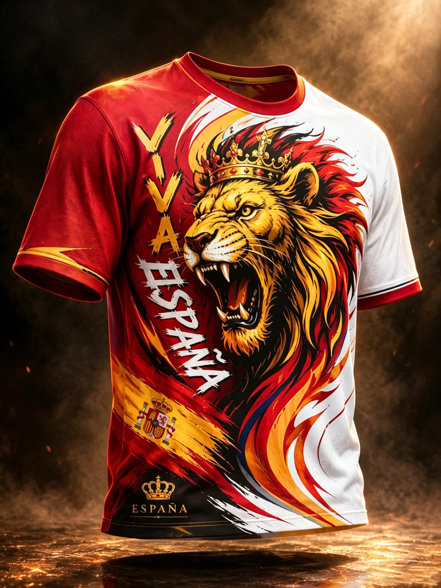 Camiseta con estampado artístico de elementos de animación en un partido de fútbol masculino español
