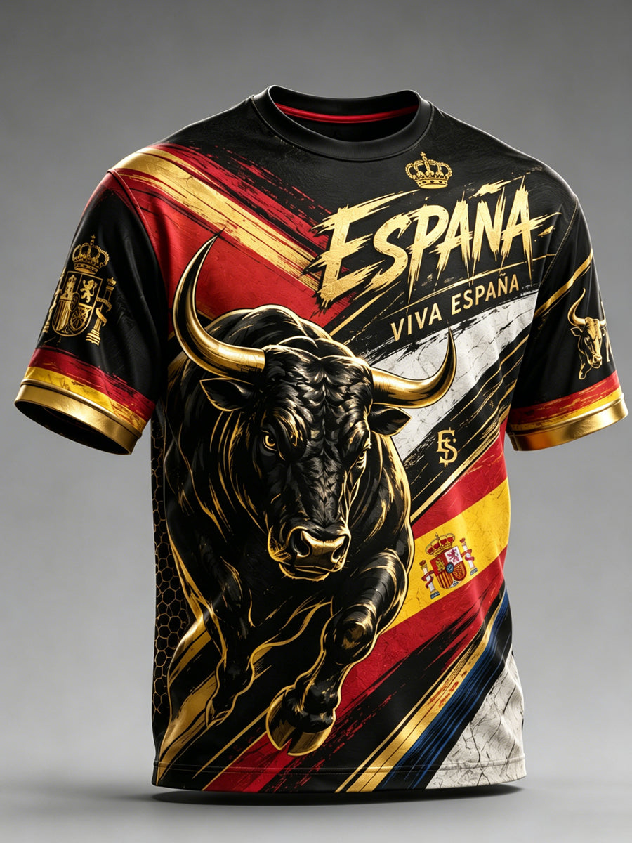 Camiseta con estampado artístico de elementos de animación en un partido de fútbol masculino español