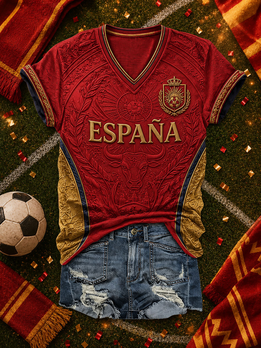 Camiseta de fútbol femenino en español con cuello en V y estampado