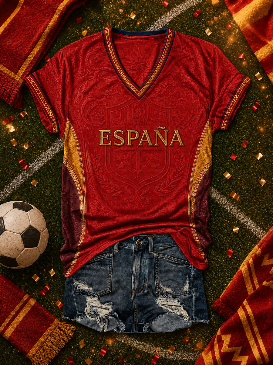 Camiseta de fútbol femenino en español con cuello en V y estampado