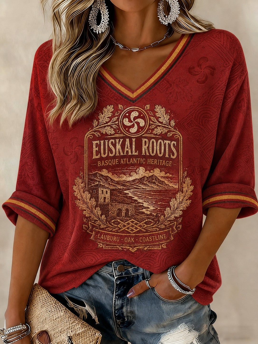 Camiseta con cuello en V y mangas medias con estampado de país vasco de España para mujer