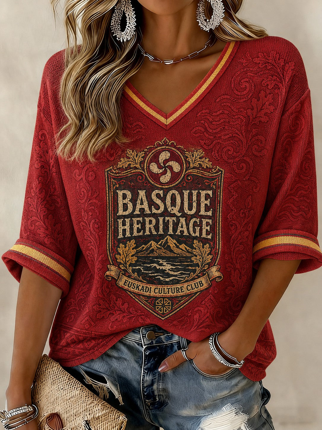 Camiseta de mujer de País Vasco, España, estampada, de manga media y cuello en V
