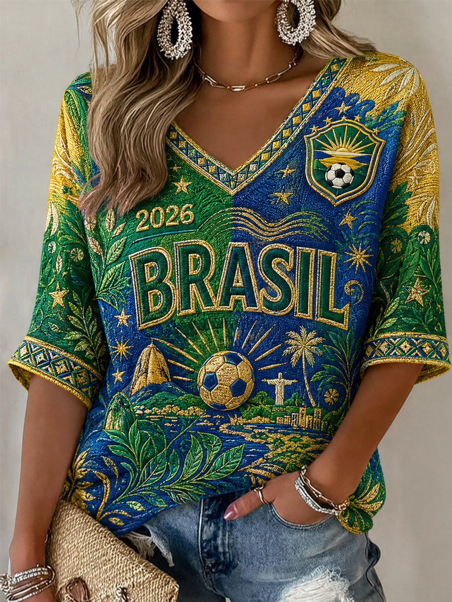 Camiseta casual de media manga con cuello en V y estampado, regalo para mujeres aficionadas al fútbol