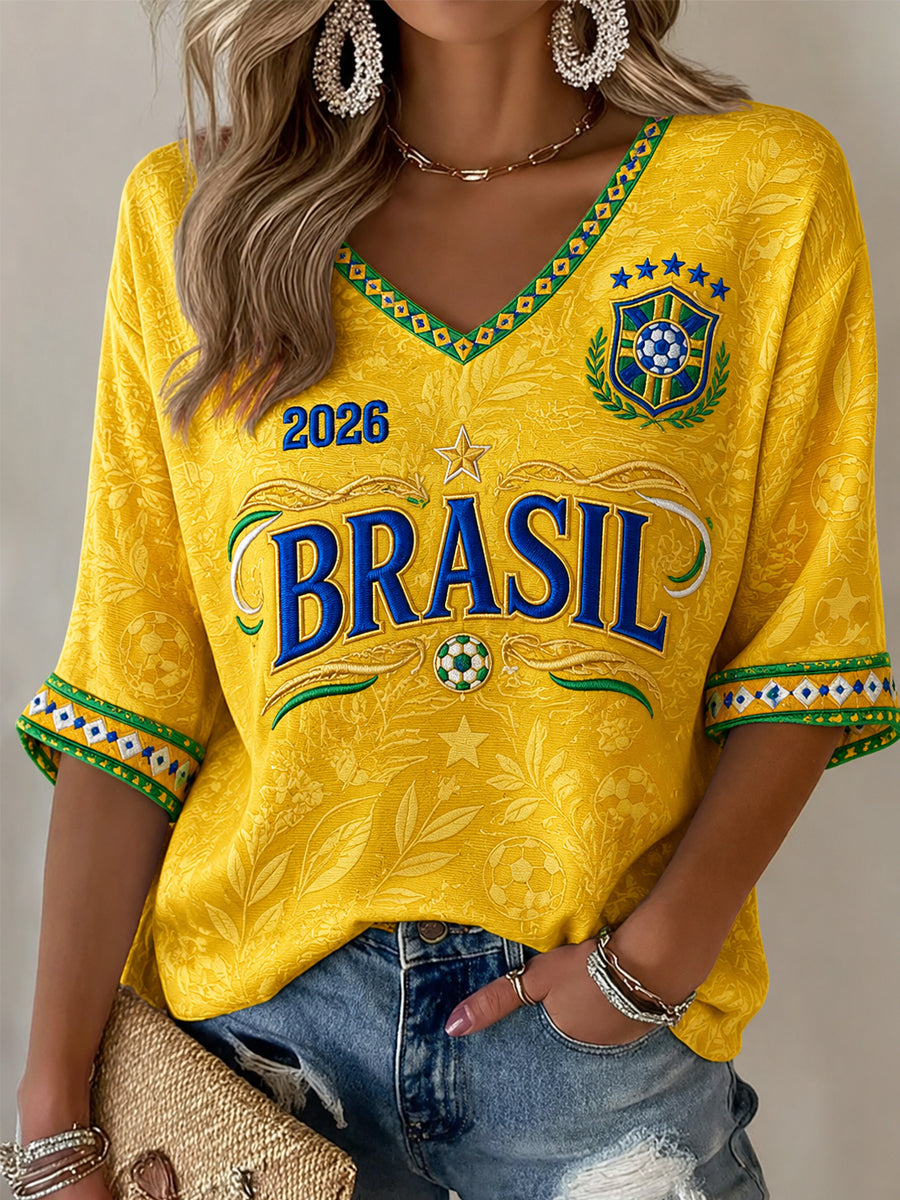 Camiseta casual de media manga con cuello en V y estampado, regalo para mujeres aficionadas al fútbol
