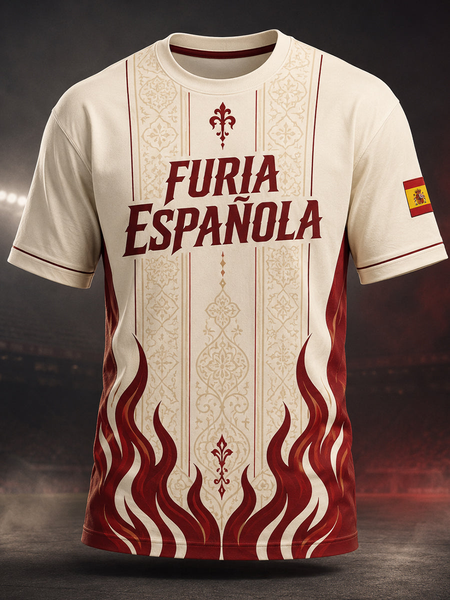 Camiseta con estampado artístico de elementos de animación en un partido de fútbol masculino español