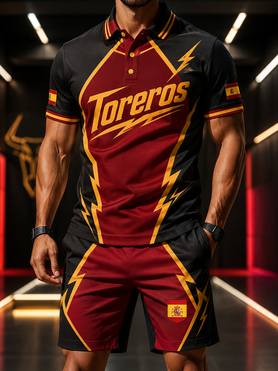 Estampado artístico de elemento de animación para partido de fútbol masculino en España, traje polo
