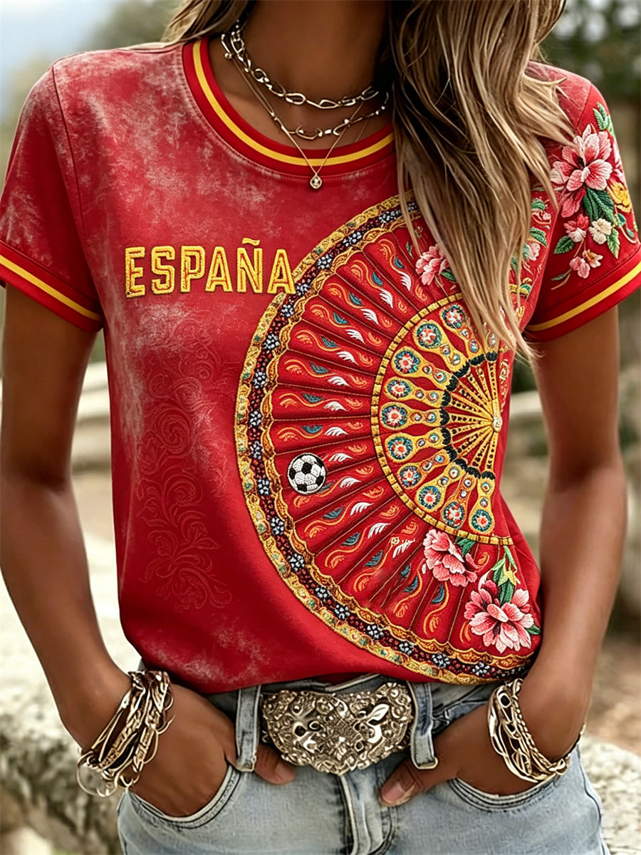 Camiseta de manga corta para mujer del equipo de España 2026, con estampado floral étnico para aficionados