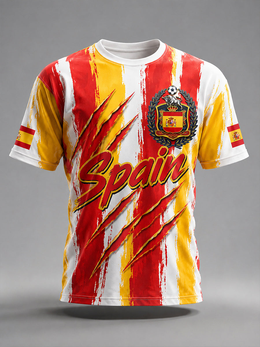 Camiseta con estampado artístico de elementos de animación en un partido de fútbol masculino español