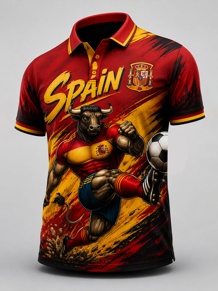Polo de impresión de arte de elemento animador de partido de fútbol español para hombre