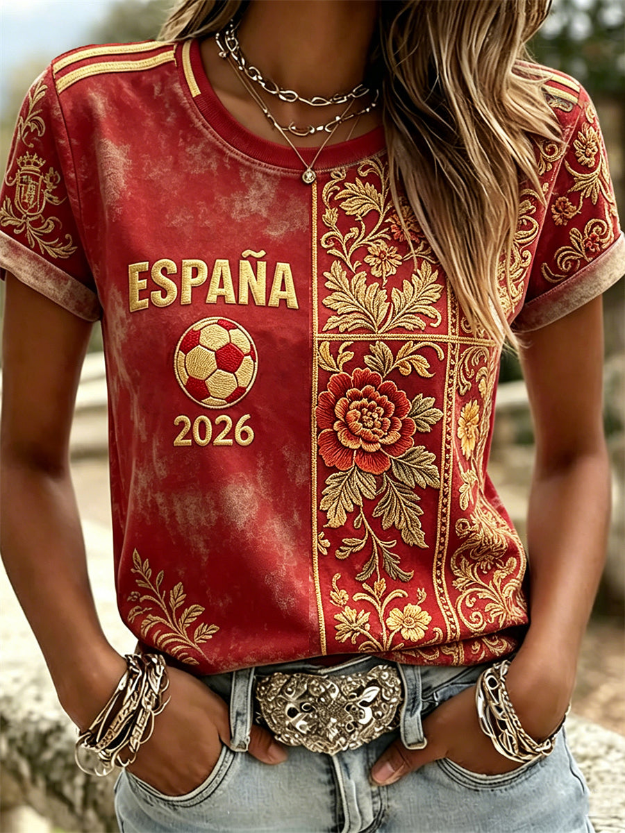 Camiseta de manga corta con estampado floral étnico para el equipo femenino de España 2026