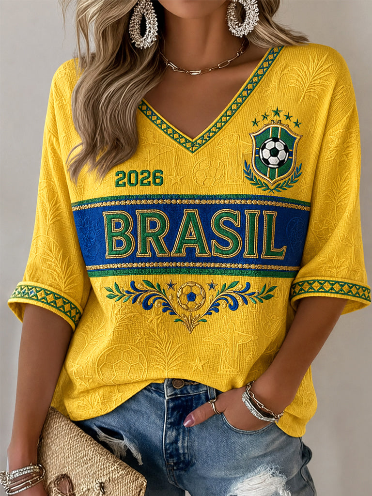 Regalo para mujeres aficionadas al fútbol: camiseta informal de media manga con cuello en V y estampado