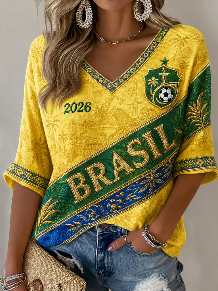 Regalo para mujeres aficionadas al fútbol: camiseta informal de media manga con cuello en V y estampado
