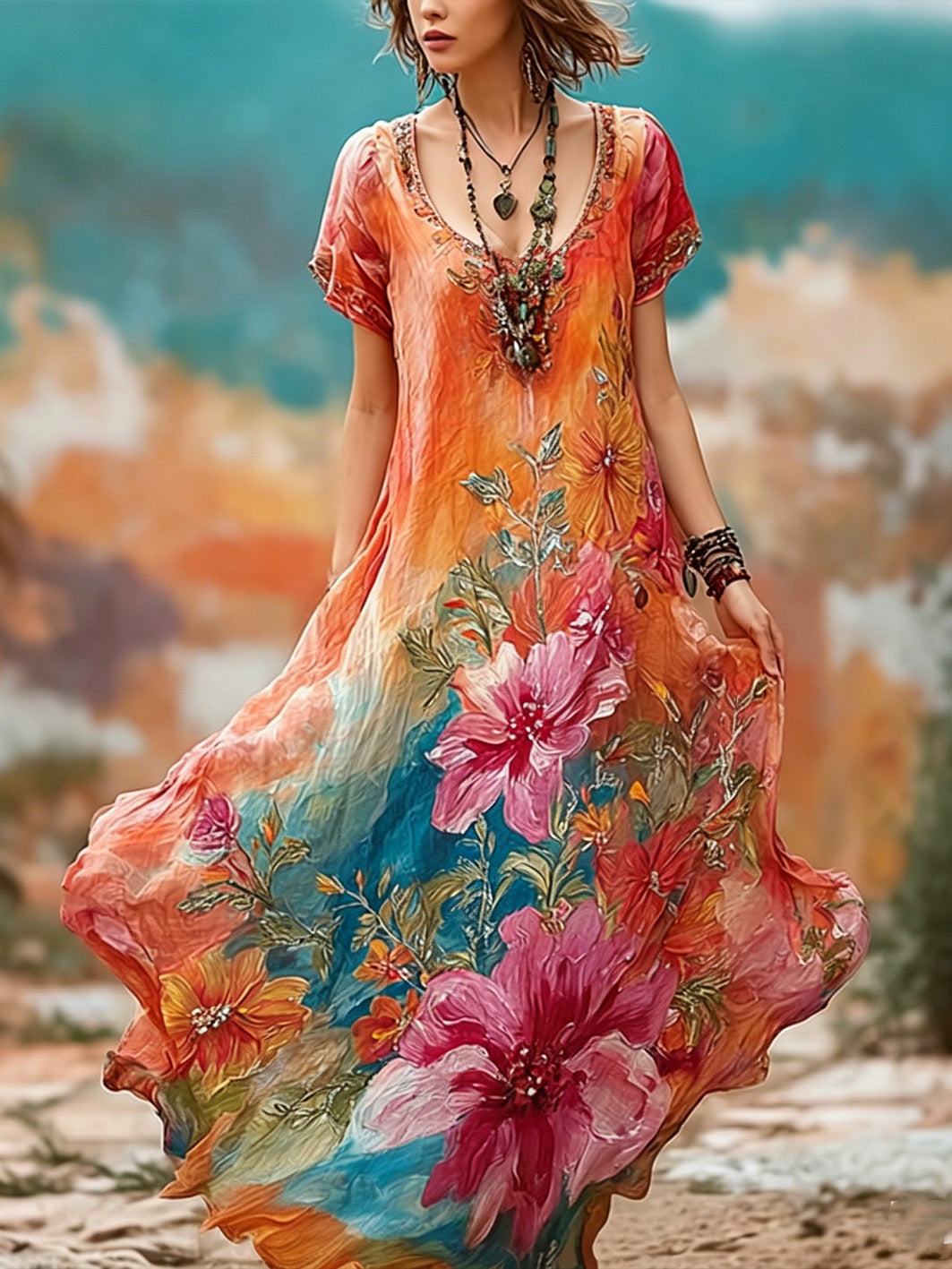 Vestido de manga corta de vacaciones y ocio estilo pintura al óleo para mujer