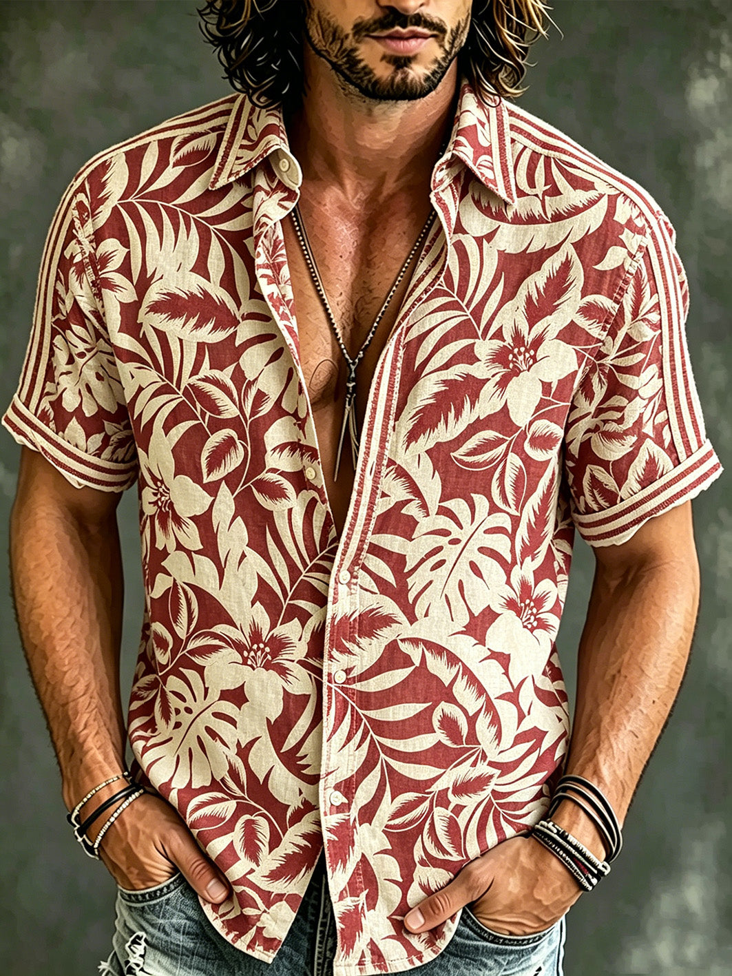 Camisa de manga corta de lino casual impresa flor de planta de estilo de vacaciones para hombres