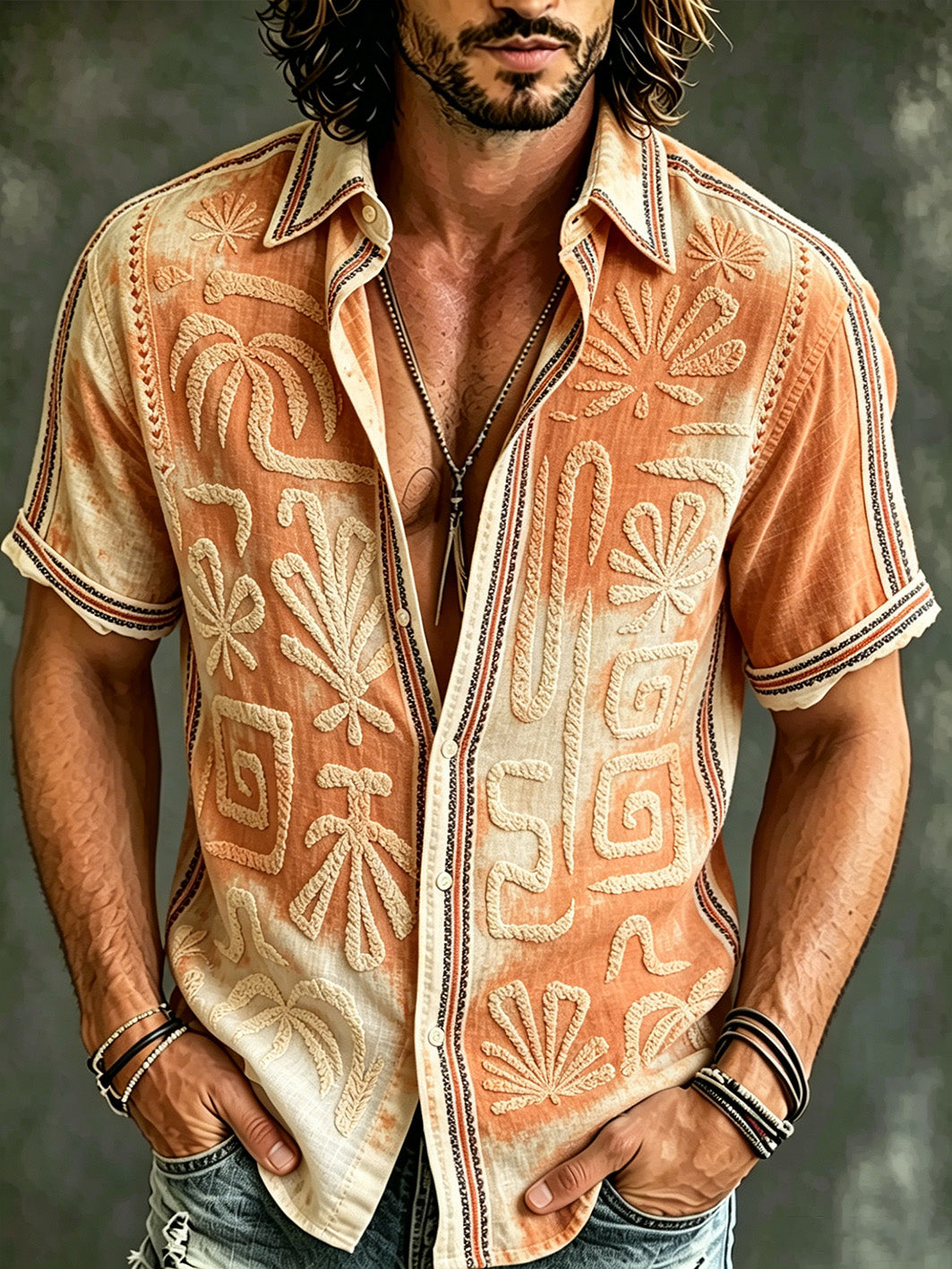 Estilo de vacaciones de los hombres patrón geométrico impreso camisa de manga corta de lino casual