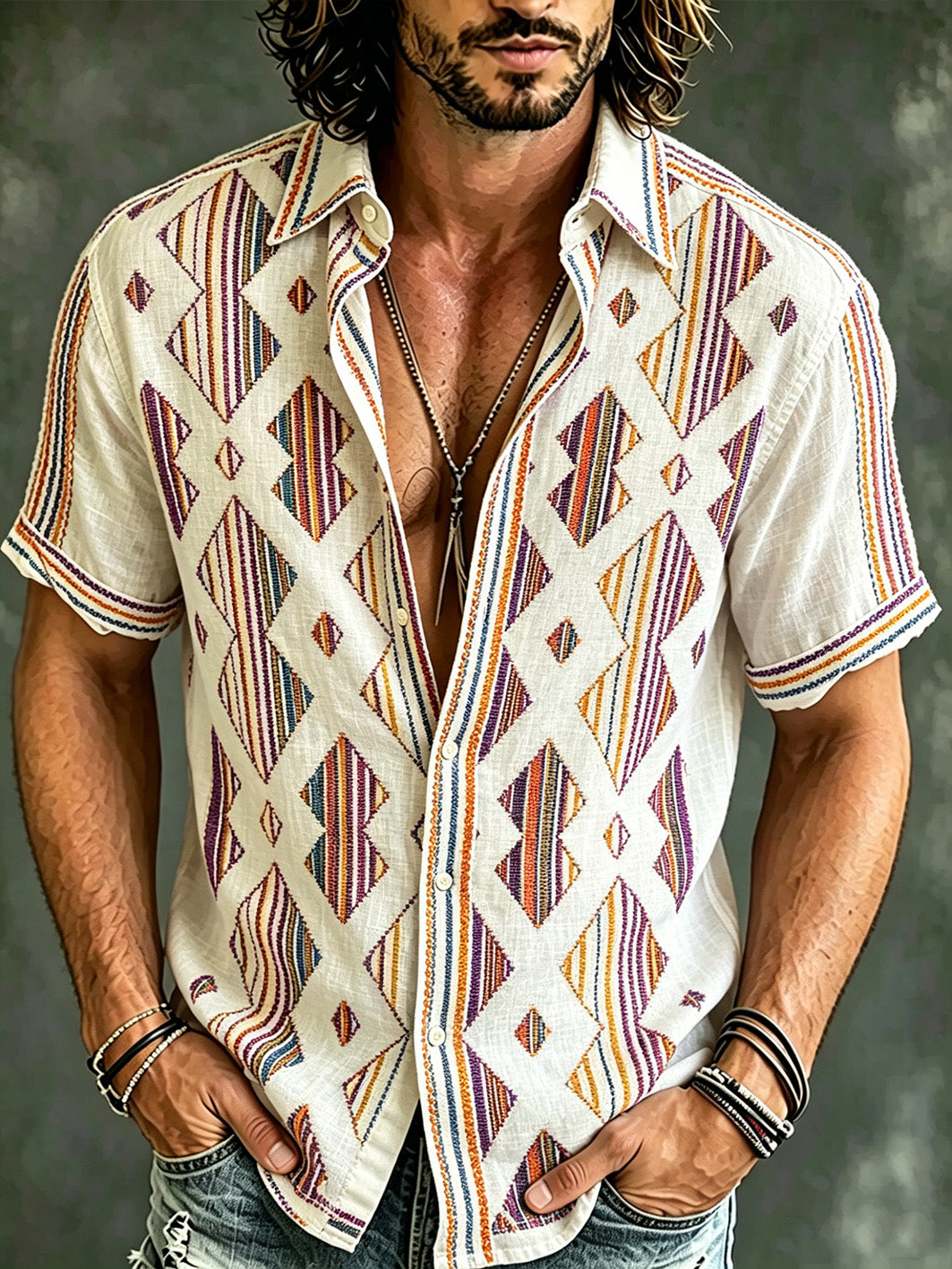 Camisa de lino casual de manga corta para hombre, con estampado geométrico y estilo vacacional