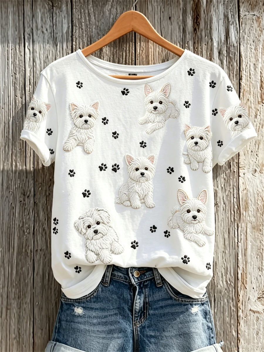 Camiseta de manga corta con estampado de perros malteses y estampado de pata para mujer