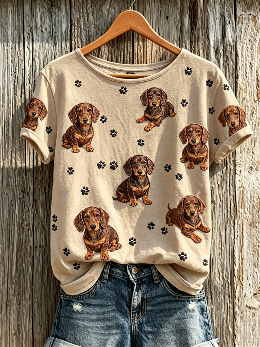 Dachshund de las mujeres Perros y Paw Prints Patrón Imprimir camiseta de manga corta