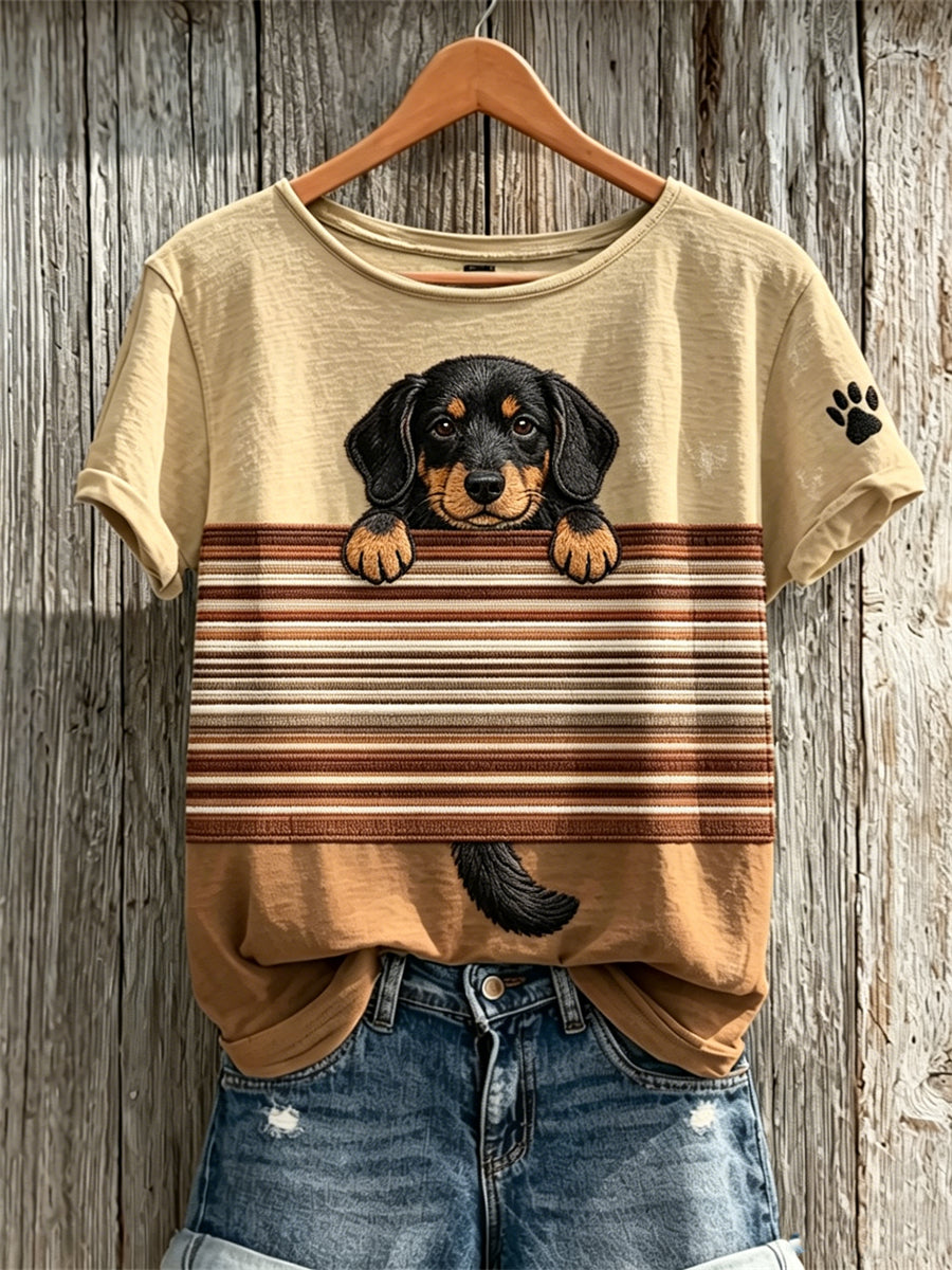 Peeking Dachshund Dog & Paw Print Colorblock Print camiseta de manga corta para mujer
