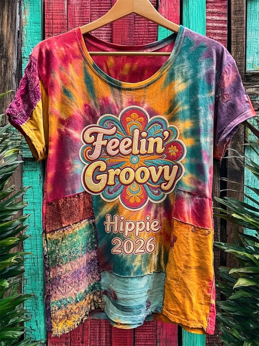 Camiseta unisex de mangas cortas con estampado tie dye y diseño patchwork, estilo hippie «Feelin’ Groovy» de la gira 2026