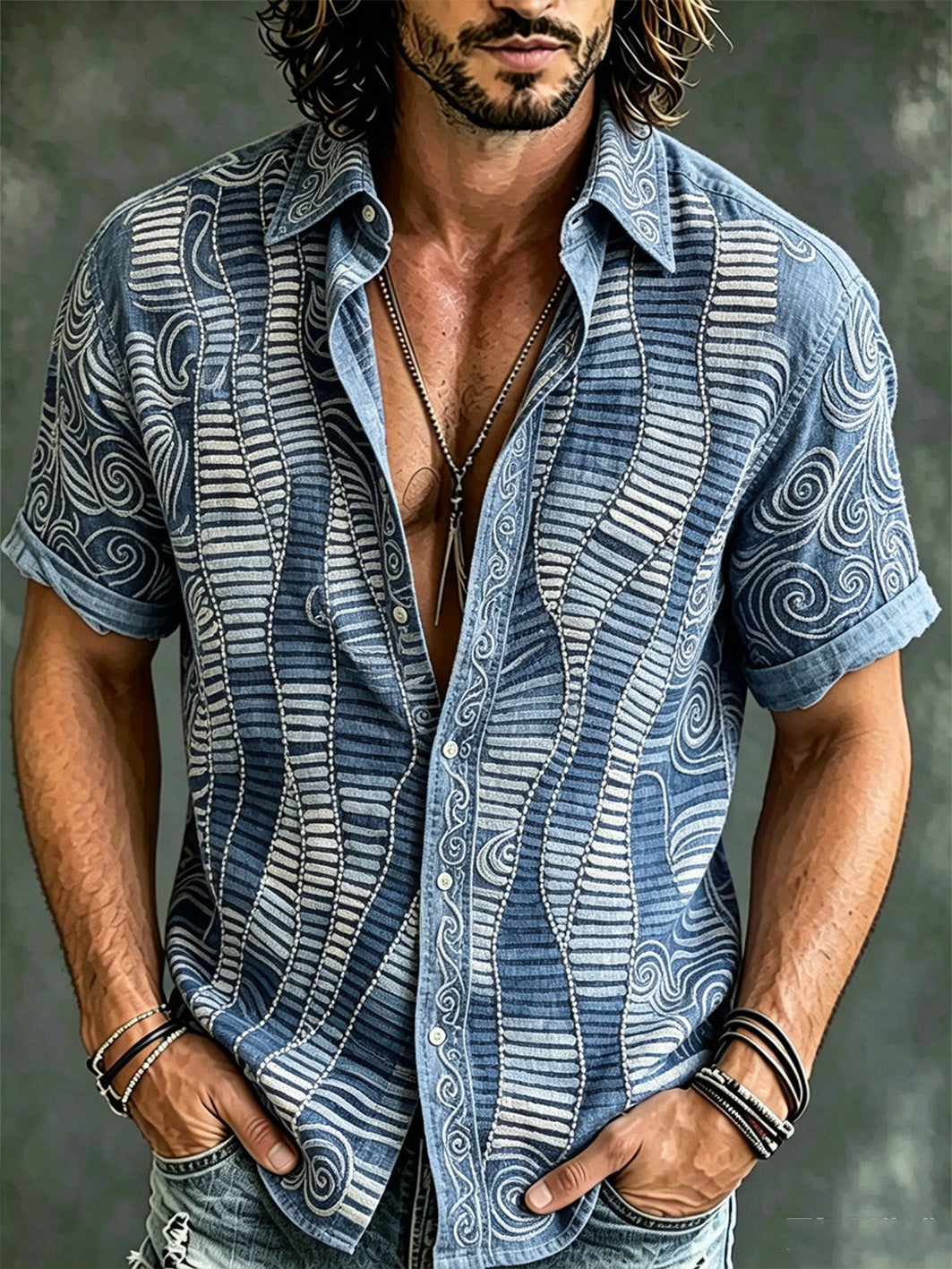 Camisa casual de manga corta para hombre, con estampado geométrico, estilo vacacional