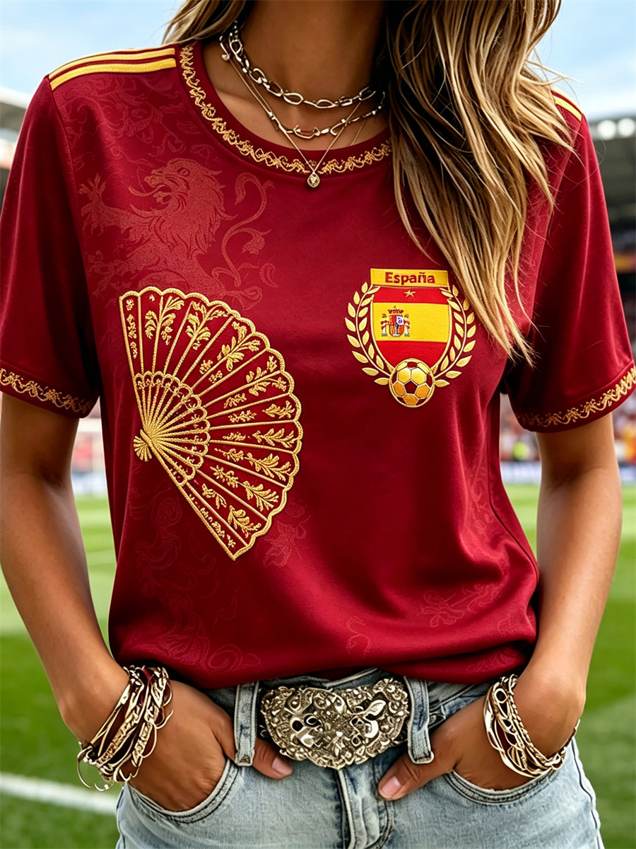 Camiseta de manga corta con estampado de arte fan de fútbol y flores de España para mujer