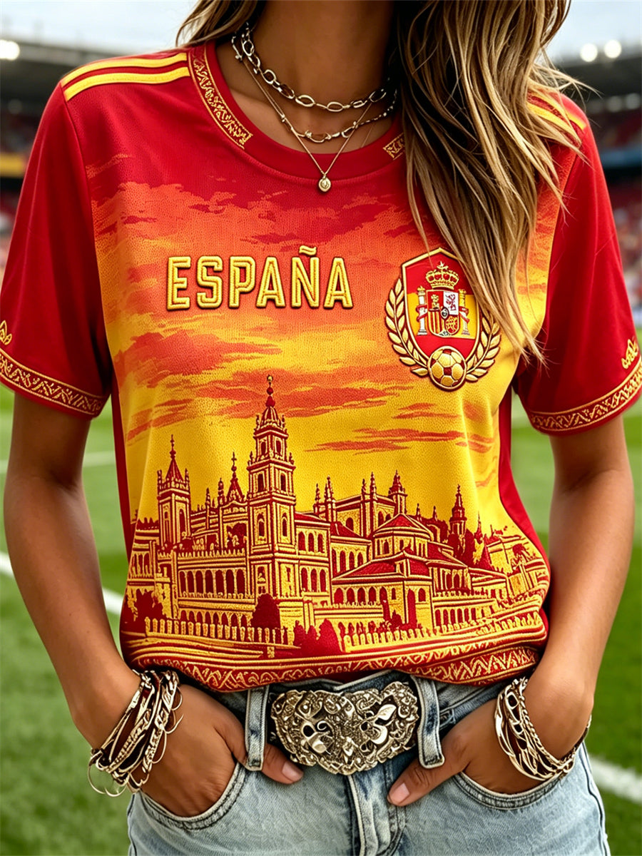 Camiseta de manga corta con estampado degradado al atardecer, inspirada en la bandera de España y un castillo, para mujer