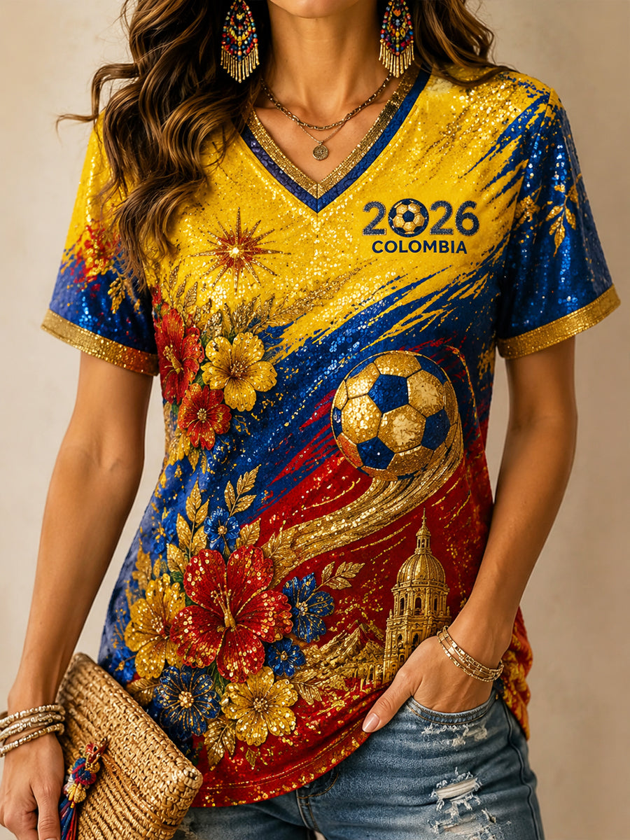 Camiseta con cuello en V Columbia Soccer Art Retro para mujer