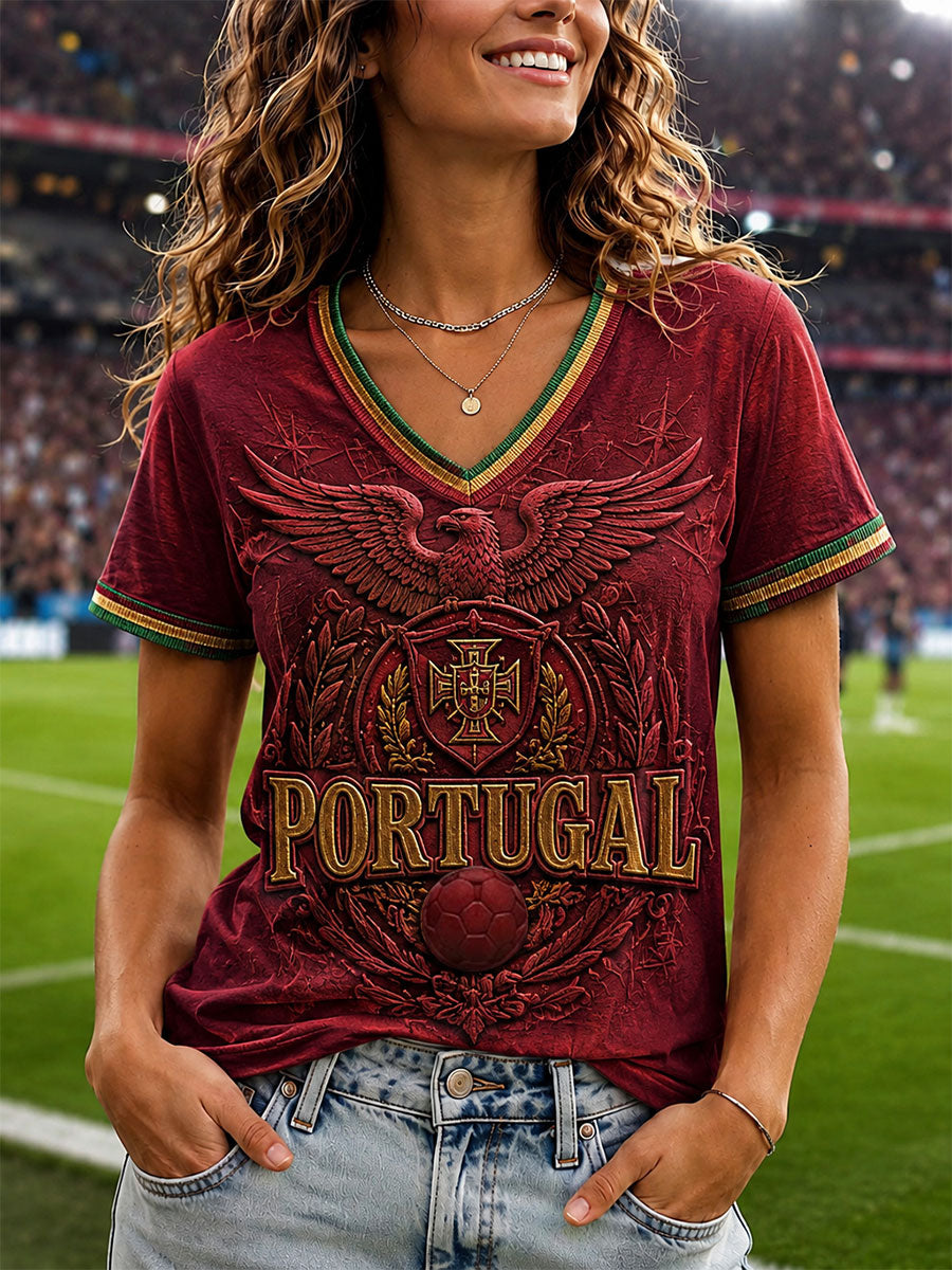 Camiseta de fútbol de Portugal para mujer, estampada y con cuello en V