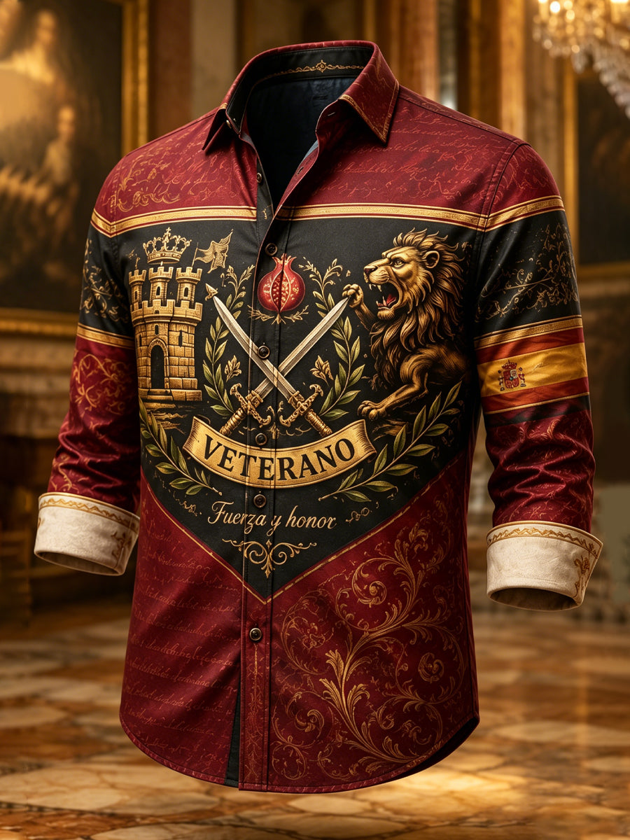 Camisa de manga larga con estampado artístico para hombre, de inspiración veterana española