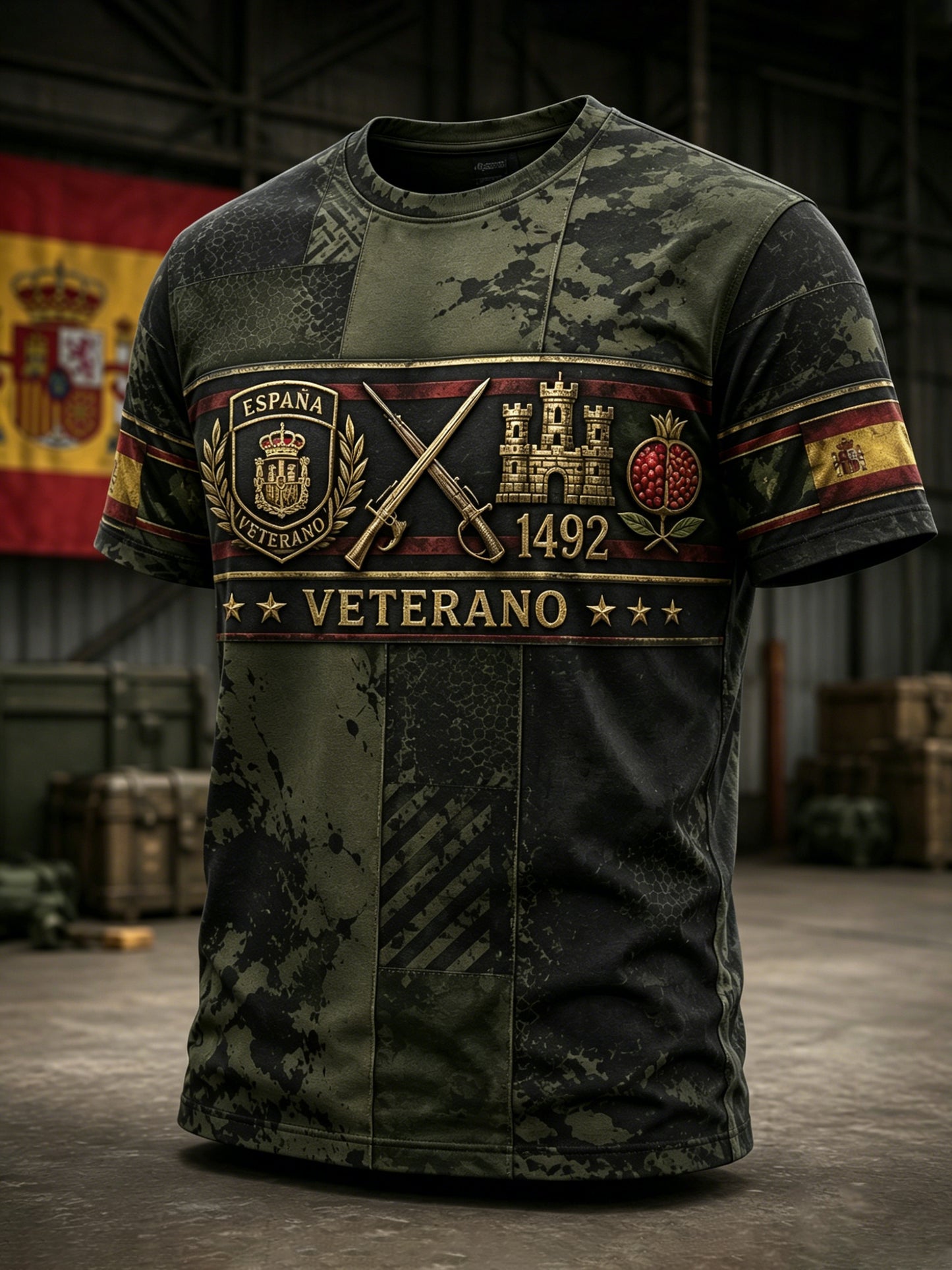 Camiseta estampada de arte para hombre con temática de veteranos españoles