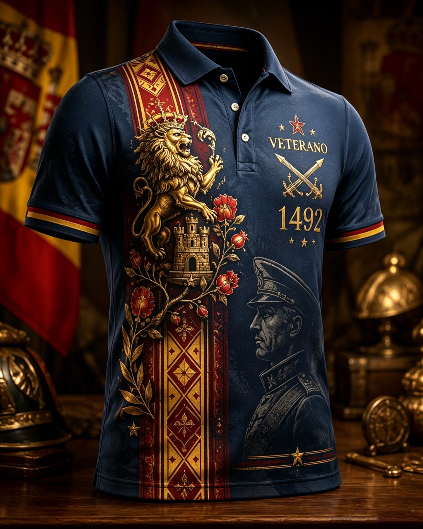 Camisa polo con estampado artístico para hombre, de temática veterana española
