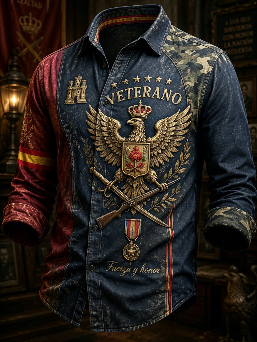 Camisa de manga larga con estampado de arte inspirado en veteranos españoles para hombre