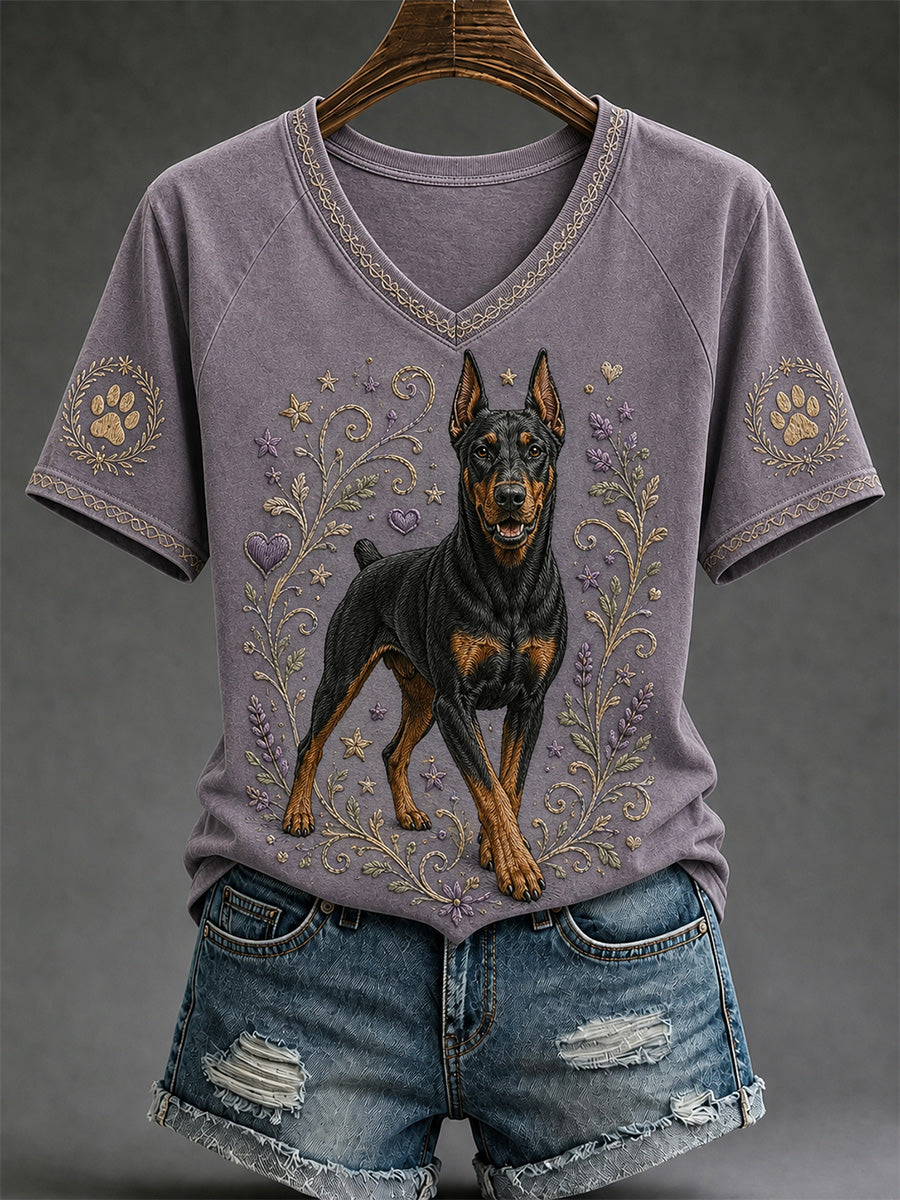 Camiseta casual de cuello en V con estampado retro de perros para mujer