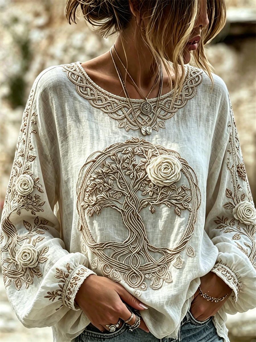 Camisa de lino de algodón con estampado de nudo celta de rosas blancas de la vida vikinga con clase para mujer