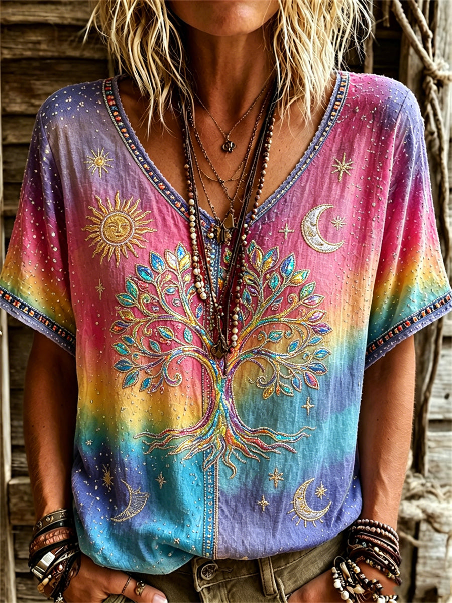 Camiseta de manga corta Viking Tree of Life Hippie Art Print Gradient Color para mujer