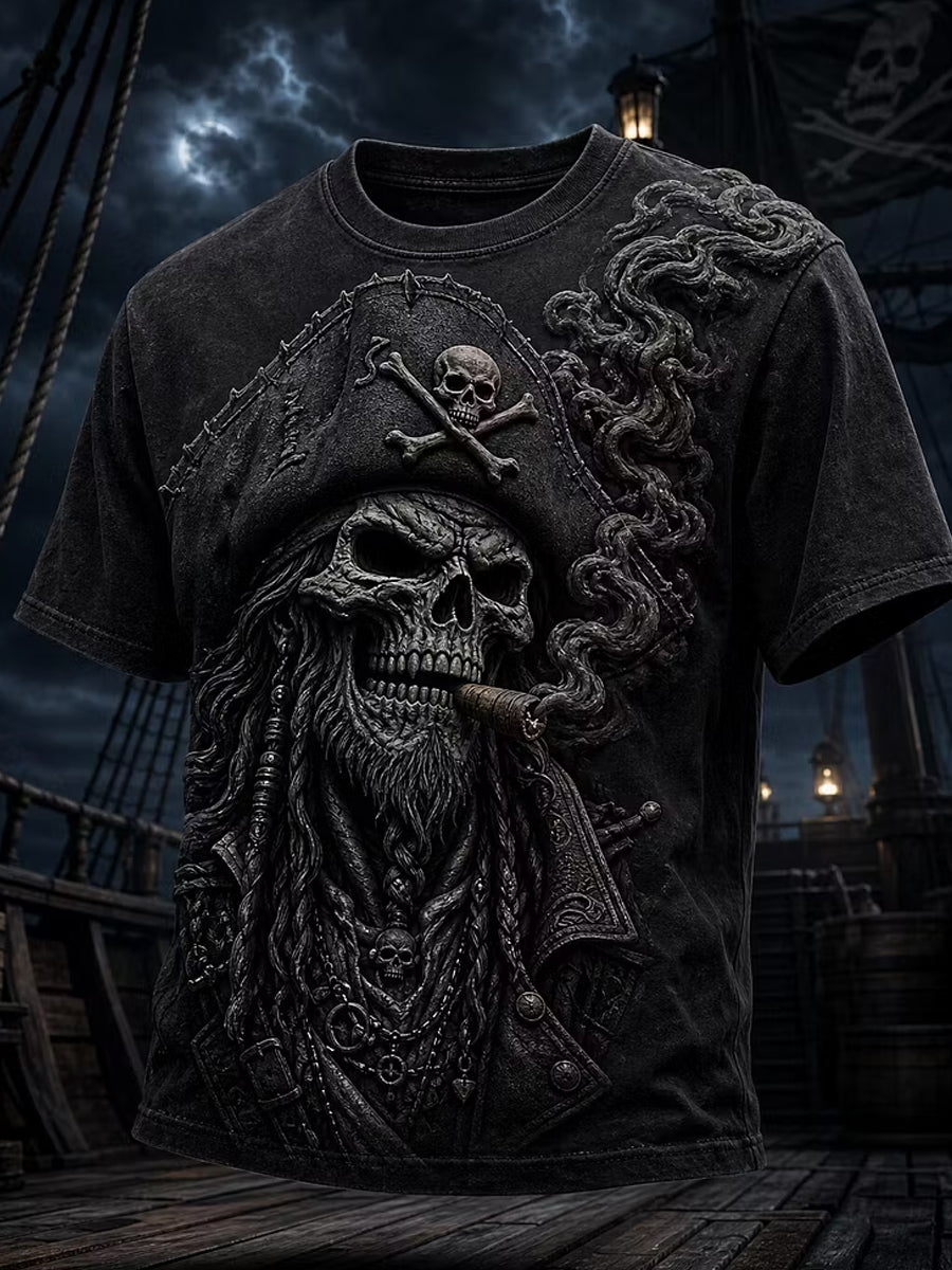 Camiseta casual misteriosa retro del arte del pirata de la impresión oscura del cráneo de los hombres