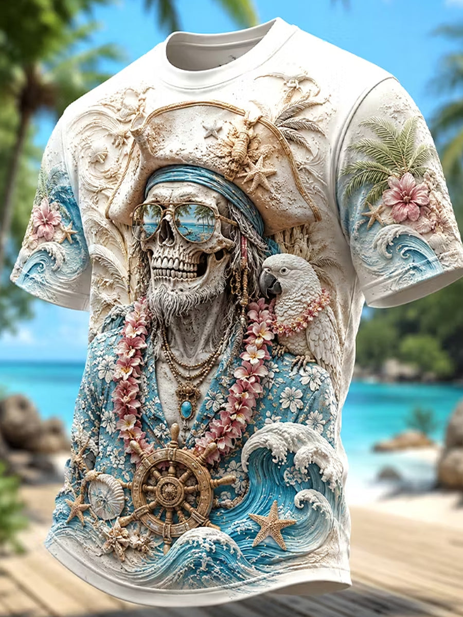 Camiseta casual para hombre con estampado retro de calavera oscura y diseño de pirata misterioso